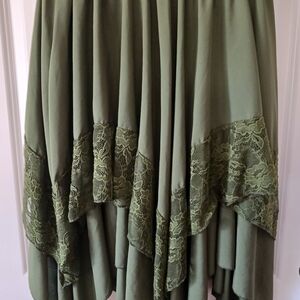 Womens Romwe Olive Green Renaissance Lace Trim Asymmetrical Midi Skirt 206 READ